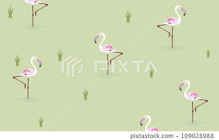 Tropical pink flamingo birds and plants, seamless pattern. Repeating print, endless background design in Scandinavian style. Printable flat vector illustration 109028988