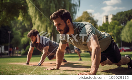 group of fitness sportsmen in a park group of fitness sportsmen in a park 109029115