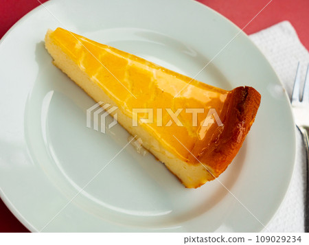 Well-known dessert is served on plate, delicate cheesecake decorated with imitation leopard spots Well-known dessert is served on plate, delicate cheesecake decorated with imitation leopard spots 109029234