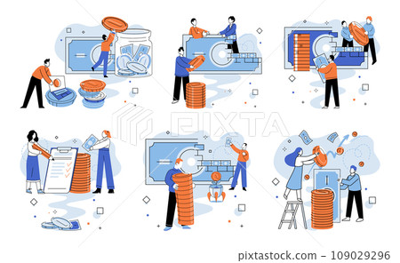 Crowdfunding. Vector illustration. Backers become part community invested in project success in crowdfunding empowers individuals to impact projects they believe in Contributions provide Crowdfunding. Vector illustration. Backers become part community invested in project success in crowdfunding empowers individuals to impact projects they believe in Contributions provide 109029296