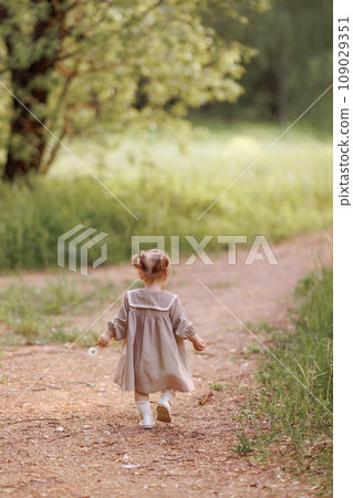 Small child girl walking in the park. Small child girl walking in the park. 109029351