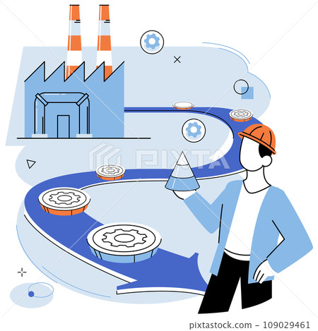 Manufacturer model. Vector illustration. Technology plays vital role in implementation efficient manufacturing processes The company constantly seeks ways to improve its products and services Manufacturer model. Vector illustration. Technology plays vital role in implementation efficient manufacturing processes The company constantly seeks ways to improve its products and services 109029461