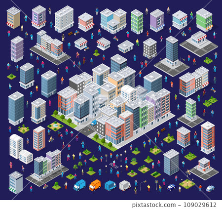 Isometric set Street crossroads 3D illustration of the city quarter with people Isometric set Street crossroads 3D illustration of the city quarter with people 109029612