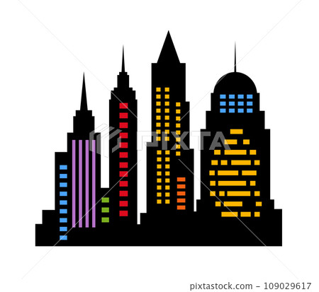 Landscape set of buildings silhouetted on white background. 109029617