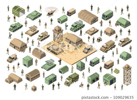 Set of army armed troop isometric armed military transport objects Set of army armed troop isometric armed military transport objects 109029635