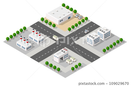 Isometric 3D city module industrial urban factory which includes buildings 109029670