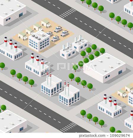 Isometric 3D city module industrial urban factory which includes buildings 109029674