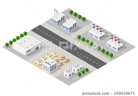 Isometric 3D city module industrial urban factory which includes buildings 109029675