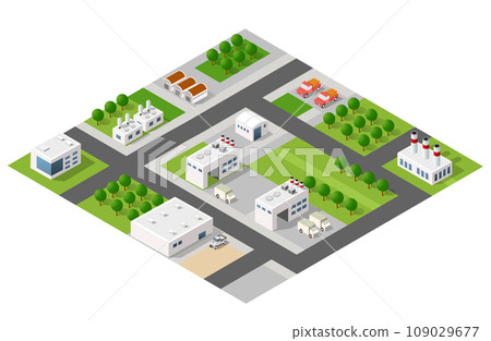 Isometric 3D city module industrial urban factory which includes buildings Isometric 3D city module industrial urban factory which includes buildings 109029677