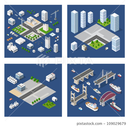 Set of modern isometric buildings and plants for sites 109029679
