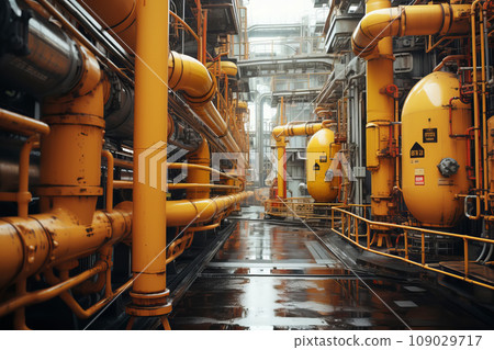 Pipeline, storage tanks and pipe rack of petroleum, chemical, hydrogen or ammonia industrial plant. Industrial zone Close up 109029717