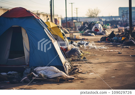 Homeless tent camp and garbage along the road in a modern city 109029726