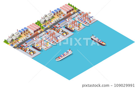 Isometric port cargo ship cargo seaport at sea with crane container transport 109029991