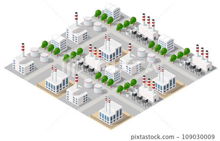Isometric 3D city module industrial urban factory which includes buildings Isometric 3D city module industrial urban factory which includes buildings 109030009