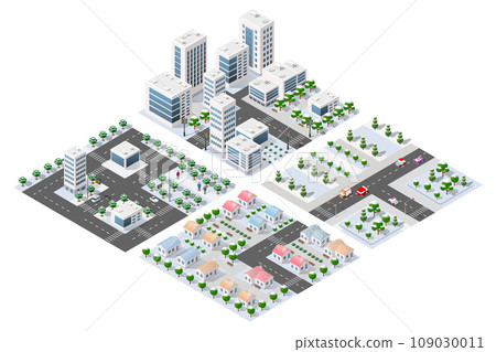 Isometric modules of the modern 3D city. Winter landscape snowy Isometric modules of the modern 3D city. Winter landscape snowy 109030011