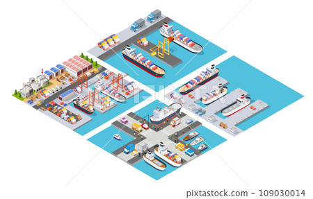 Isometric port cargo ship cargo seaport at sea with crane container transport Isometric port cargo ship cargo seaport at sea with crane container transport 109030014