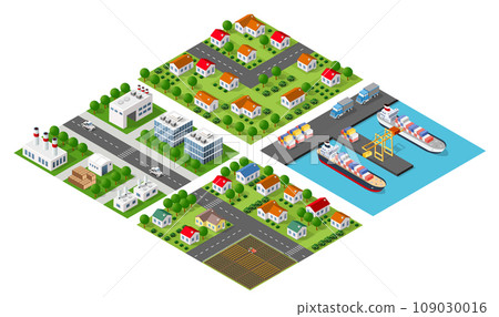 Isometric port cargo ship cargo seaport at sea with crane container transport Isometric port cargo ship cargo seaport at sea with crane container transport 109030016