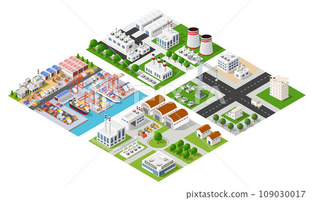 Isometric port cargo ship cargo seaport at sea with crane container transport Isometric port cargo ship cargo seaport at sea with crane container transport 109030017