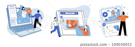 Digital marketing vector illustration. Developing comprehensive digital marketing strategy is essential for e business success Search engine optimization SEO is fundamental technique for improving 109030052