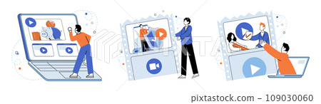 Video marketing vector illustration. Promotion plays vital role in generating visibility and reach for video marketing campaigns The metaphorical power video marketing lies in its ability to convey 109030060