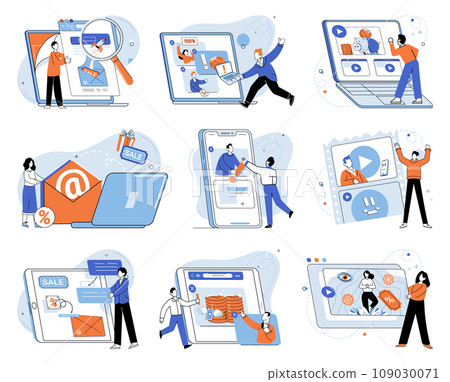 Email marketing vector illustration. Promotion products and services is core objective email marketing efforts Effective advertising within emails can drive conversions and boost business growth Email marketing vector illustration. Promotion products and services is core objective email marketing efforts Effective advertising within emails can drive conversions and boost business growth 109030071