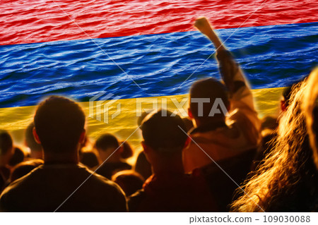 Protest Armenia. Conflict war between Armenia and Azerbaijan over Nagorno-Karabakh. Let's stop the war. Azerbaijan and Armenia conflict. Country flags on flame background. Out of focus 109030088