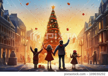 People enjoy Christmas, spending time in the town square with Christmas tree 109030202