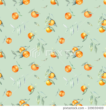 Seamless Pattern with Orange Fruit Branches, green leaves. Hand drawn watercolor illustration of citrus food for wrapping paper or textile design. Print with tangerine on white isolated background. Seamless Pattern with Orange Fruit Branches, green leaves. Hand drawn watercolor illustration of citrus food for wrapping paper or textile design. Print with tangerine on white isolated background. 109030489