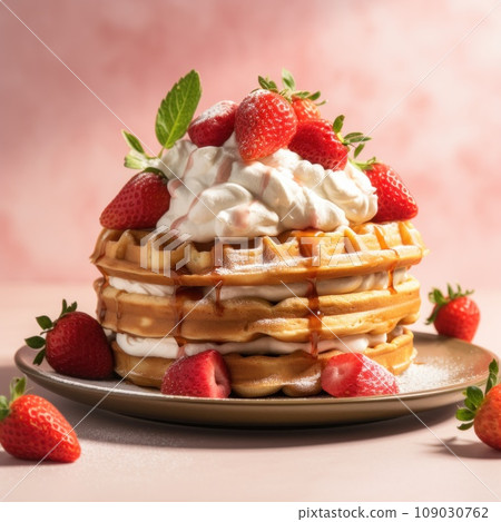 A stack of waffles with whipped cream and sliced strawberries on top A stack of waffles with whipped cream and sliced strawberries on top 109030762
