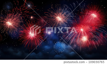 A vibrant image featuring fireworks exploding against a dark night sky. A vibrant image featuring fireworks exploding against a dark night sky. 109030765