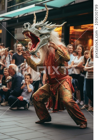 A street performer dressed as a dragon, dancing and entertaining a captivated audience 109030799