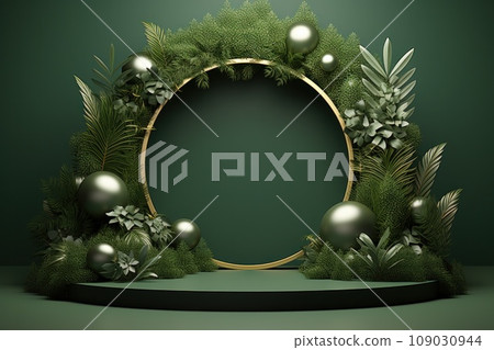 christmas green podium with wreaths and baubles 109030944