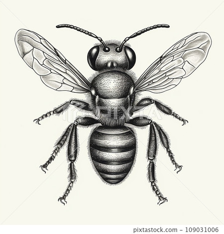 Fly, bee, black and white drawing, vintage retro engraving style 109031006