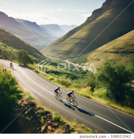 cyclists riding through a winding mountain road, with a beautiful scenic landscape cyclists riding through a winding mountain road, with a beautiful scenic landscape 109031042