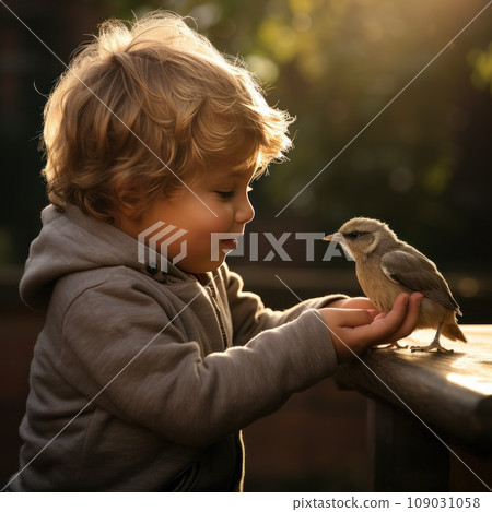 A heartwarming photo of a young boy feeding a baby bird with a dropper A heartwarming photo of a young boy feeding a baby bird with a dropper 109031058