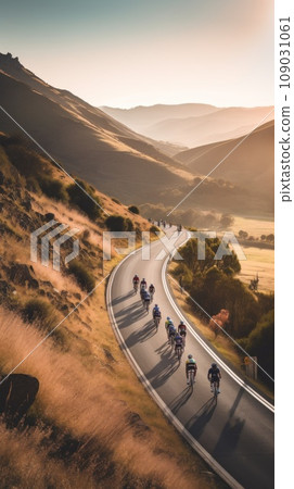 cyclists riding through a winding mountain road, with a beautiful scenic landscape cyclists riding through a winding mountain road, with a beautiful scenic landscape 109031061