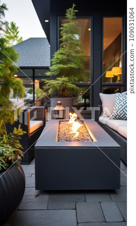 beautifully designed outdoor patio area with modern furniture, potted plants, and a cozy fire pit. 109031064