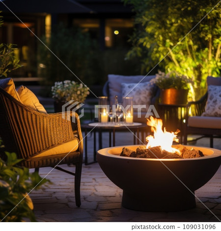 beautifully designed outdoor patio area with modern furniture, potted plants, and a cozy fire pit. 109031096