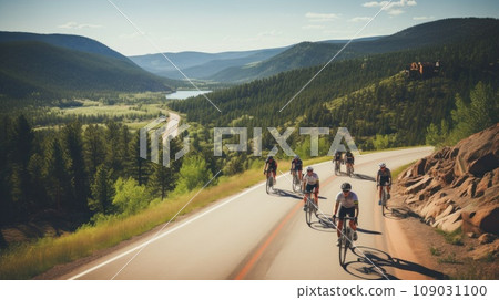 cyclists riding through a winding mountain road, with a beautiful scenic landscape 109031100