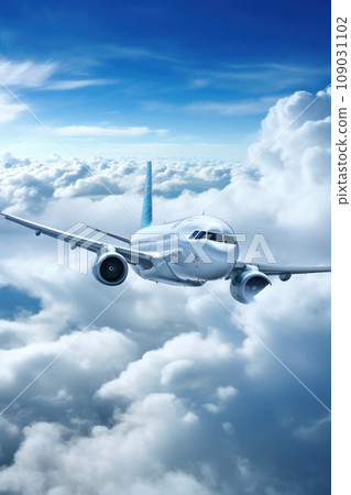commercial airplane flying through the clouds 109031102