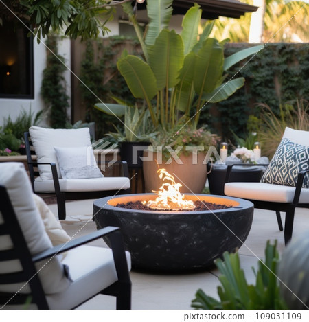 beautifully designed outdoor patio area with modern furniture, potted plants, and a cozy fire pit. 109031109