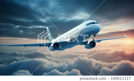commercial airplane flying through the clouds 109031117