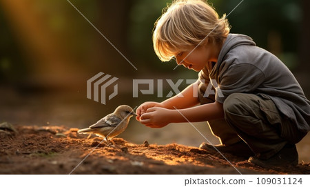 A heartwarming photo of a young boy feeding a baby bird with a dropper A heartwarming photo of a young boy feeding a baby bird with a dropper 109031124