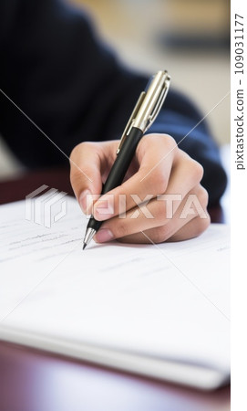 student's hand writing notes on a piece of paper with a pen. student's hand writing notes on a piece of paper with a pen. 109031177