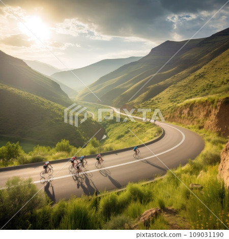 cyclists riding through a winding mountain road, with a beautiful scenic landscape 109031190