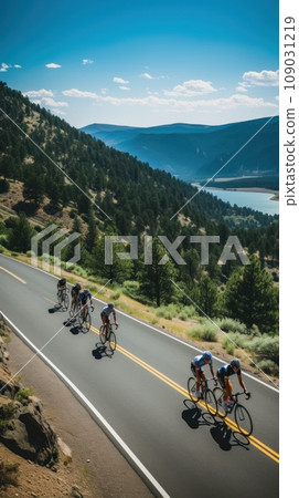 cyclists riding through a winding mountain road, with a beautiful scenic landscape cyclists riding through a winding mountain road, with a beautiful scenic landscape 109031219