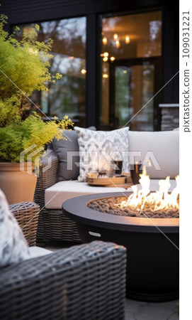 beautifully designed outdoor patio area with modern furniture, potted plants, and a cozy fire pit. beautifully designed outdoor patio area with modern furniture, potted plants, and a cozy fire pit. 109031221