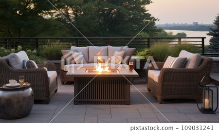 beautifully designed outdoor patio area with modern furniture, potted plants, and a cozy fire pit. 109031241