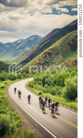 cyclists riding through a winding mountain road, with a beautiful scenic landscape 109031258