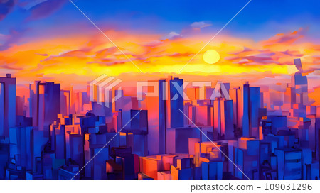 日落時一座建築城市的插圖 109031296